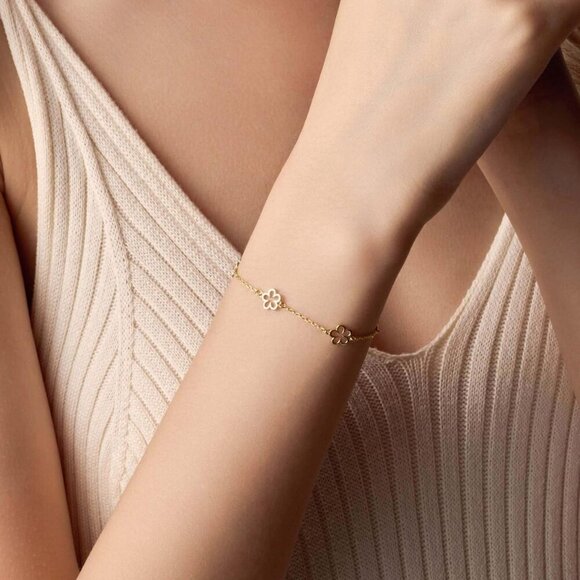 14K Gold Plated Hollow Flowers Link Chain Ring Bracelet Hand Chain for Women - Picture 2 of 7